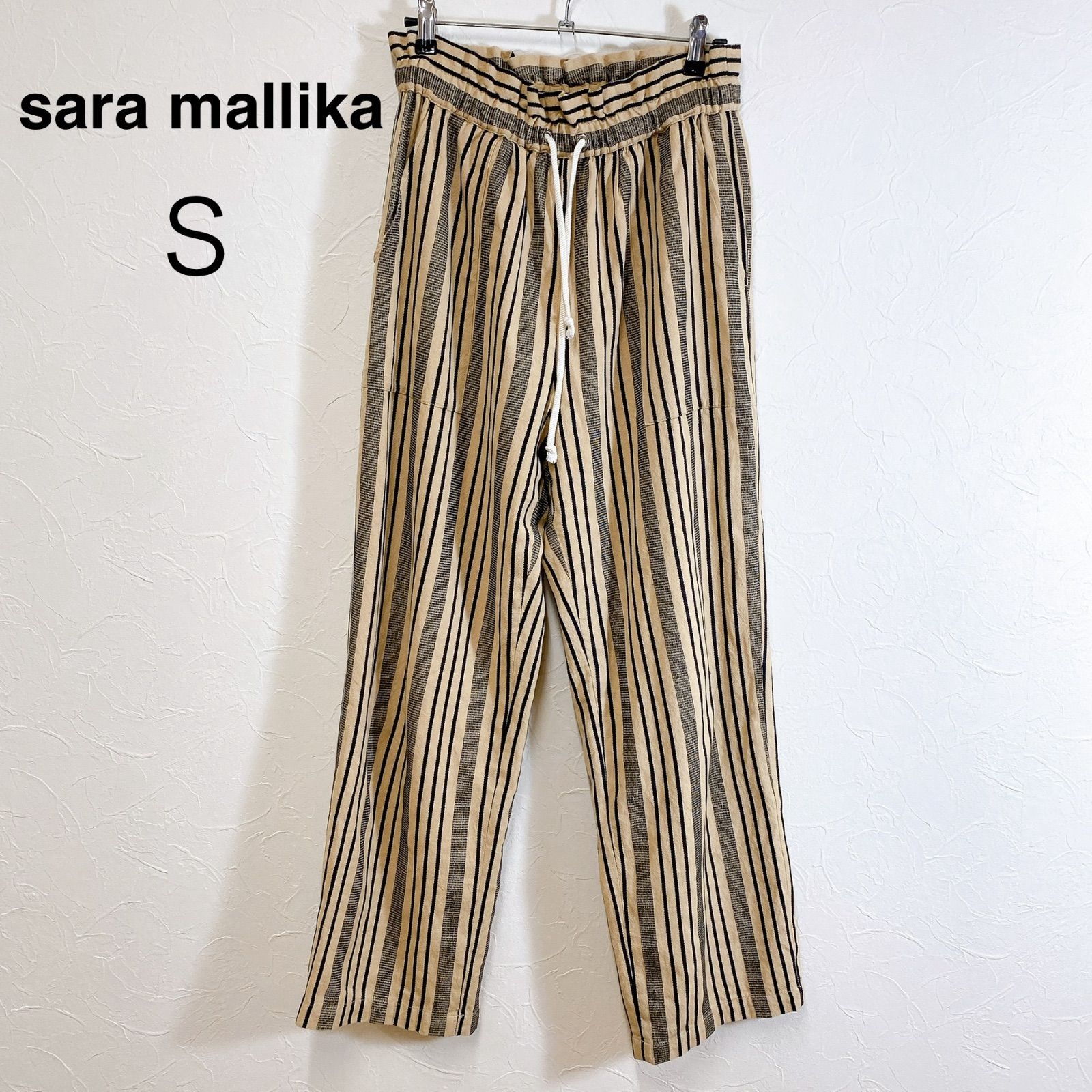 sara mallika ストライプイージーパンツ ウエストゴム イージーパンツ カジュアル ストライプ ベージュ レディース S