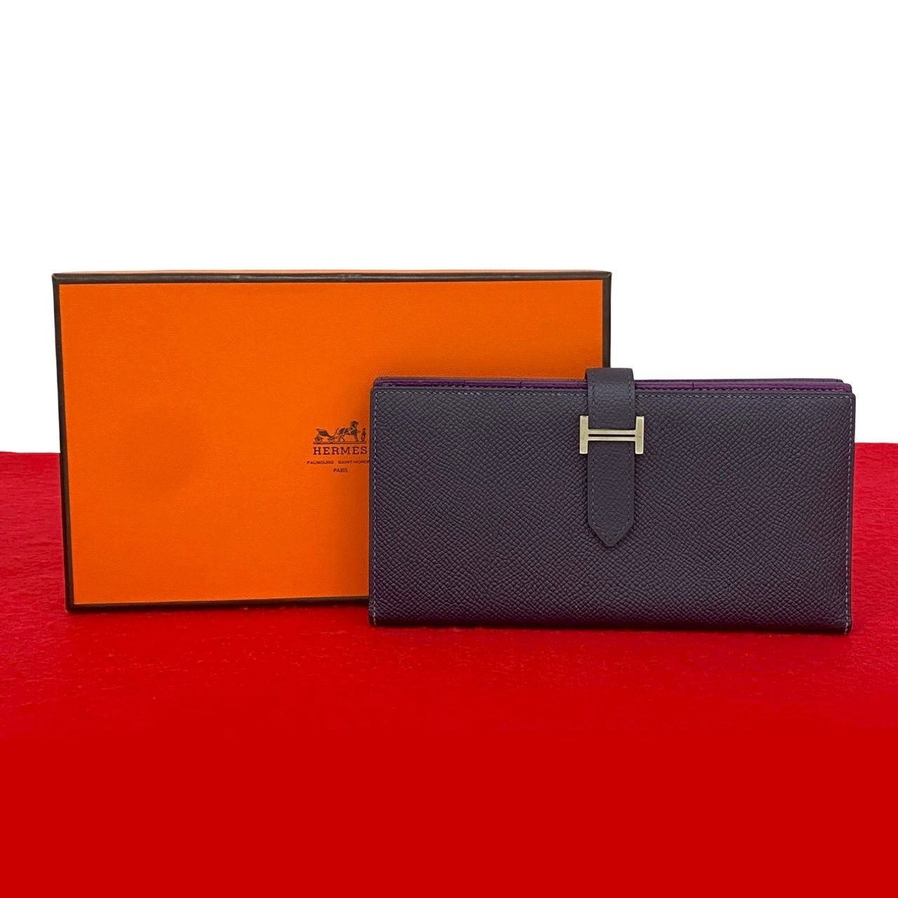 き T 刻印 HERMES エルメス ベアン スフレ ヴォーエプソン レザー 本革 二つ折り 長財布 ウォレット パープル 紫 33892