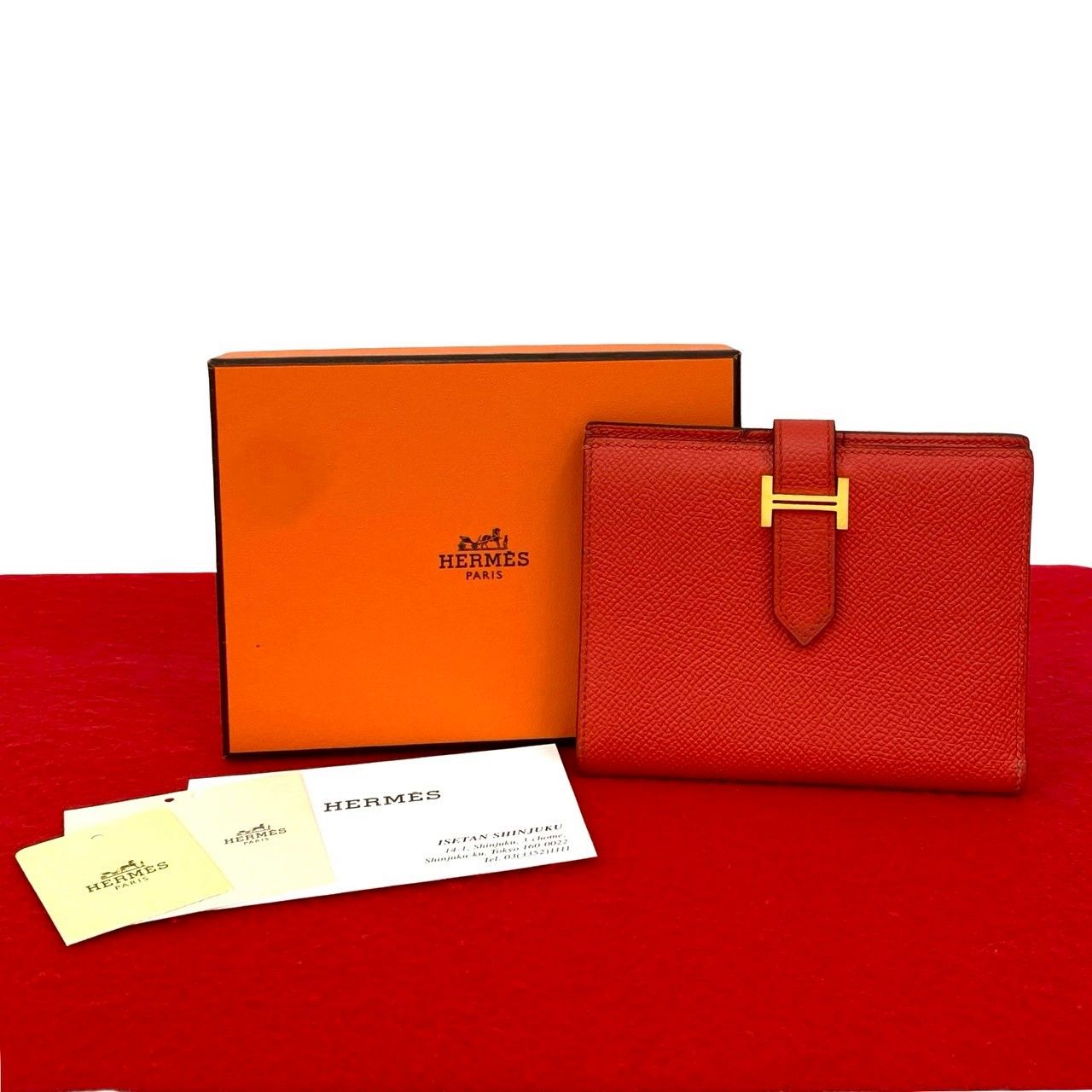 A 刻印 HERMES エルメス ベアン コンパクト ヴォーエプソン レザー 本革 二つ折り財布 ミニ ウォレット ルージュトマト 35167