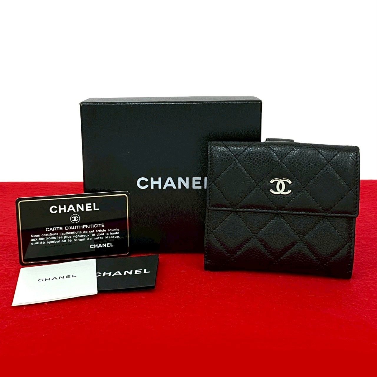 き カード シール有 14番台 CHANEL シャネル マトラッセ ココ キャビアスキン レザー 本革 二つ折り財布 ブラック 38598