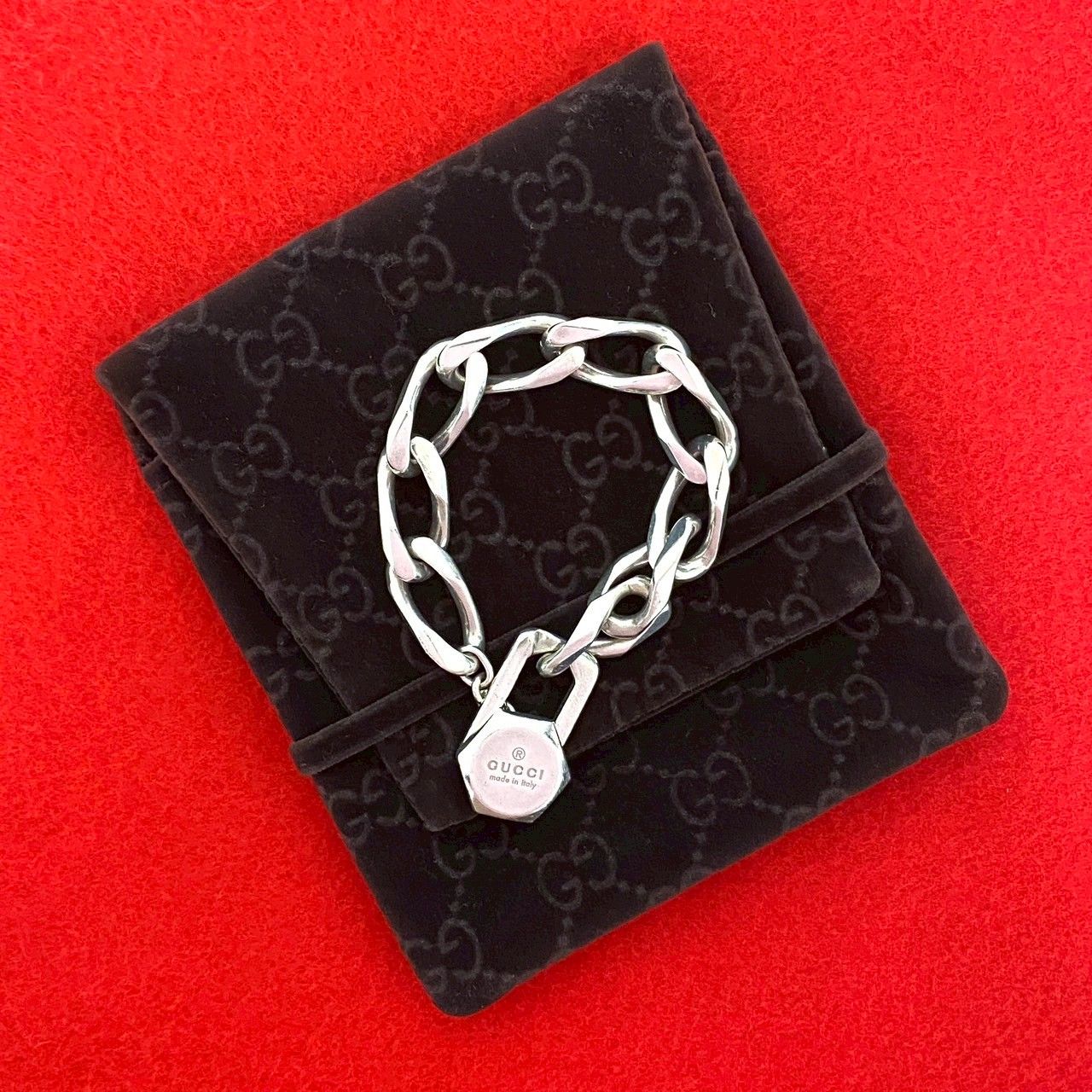 保存袋付 GUCCI グッチ ロゴ 刻印 シルバー925 喜平 チェーン ブレスレット バングル メンズ レディース 74765
