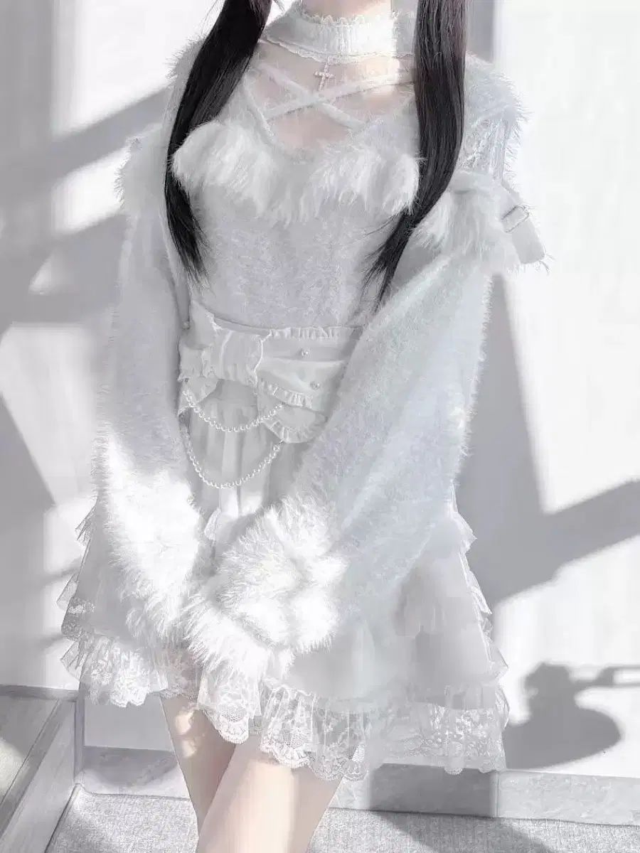 日本風 ウエスト紐 レース フリル ニット 2COLOR