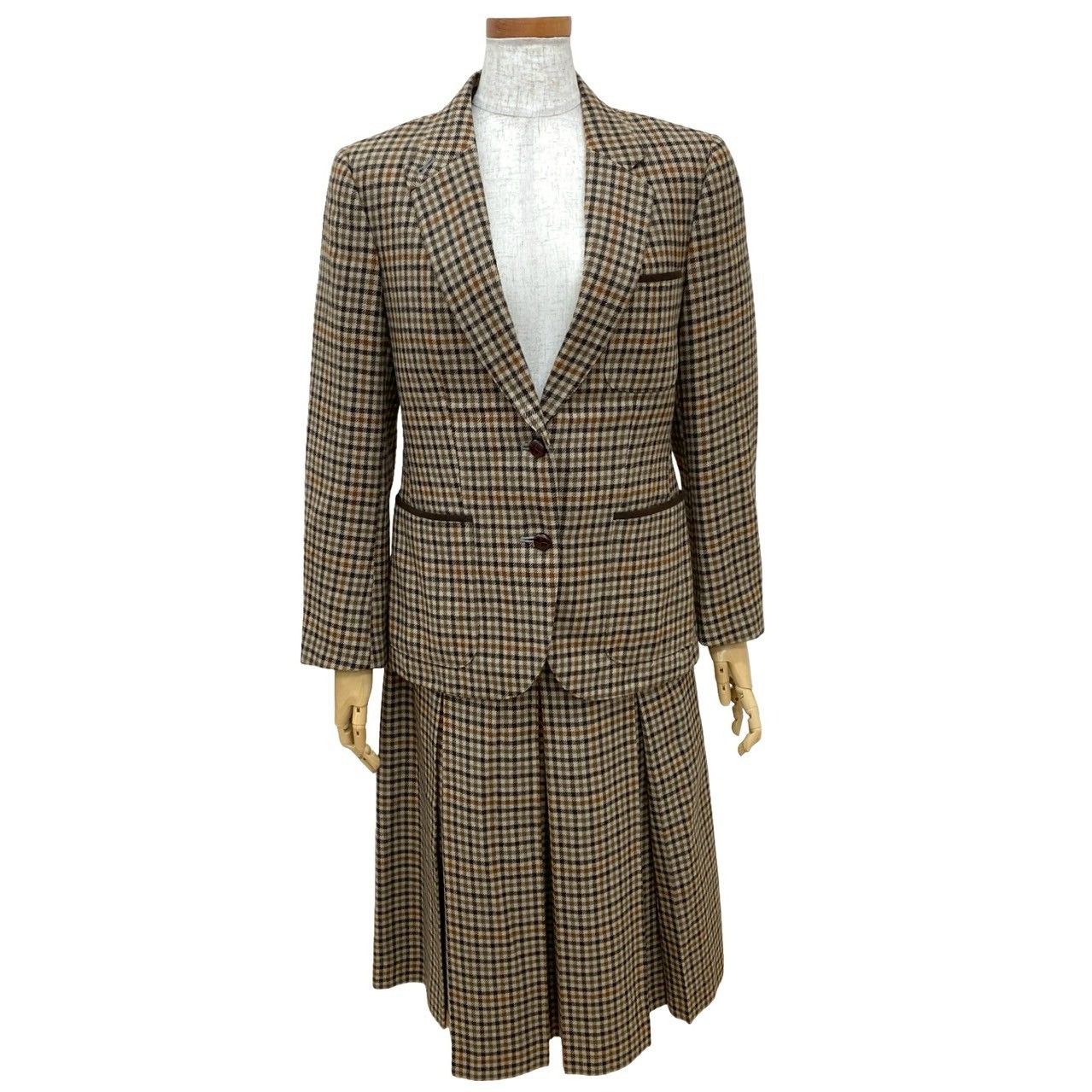 Burberrys バーバリーズ ヴィンテージ ハウンドトゥース チェック 柄 ウール セットアップ ジャケット スカート ブラウン 95813