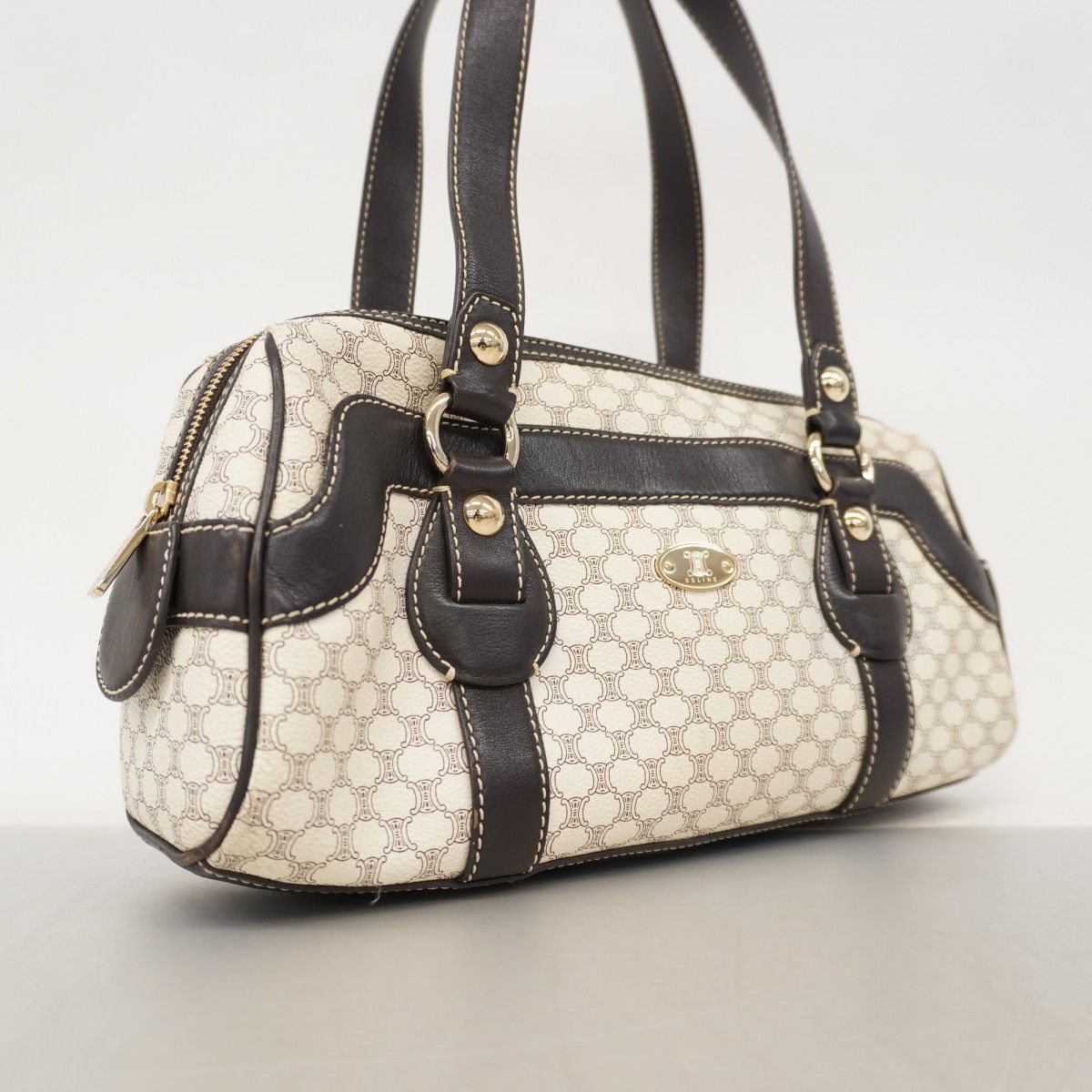 5oc2631 セリーヌ ハンドバッグ マカダム PVC ホワイト ダークブラウン シャンパンゴールド金具 レディース