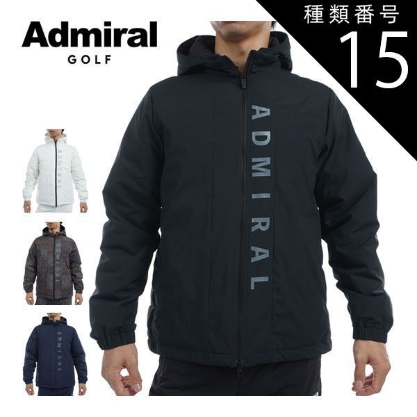 ADMIRAL GOLF ボトムロゴ 軽量パデッド　フーデッドジャケット　総柄 ADMIRAL GOLF ボトムロゴ 軽量パデッド フーデッドジャケット 総柄