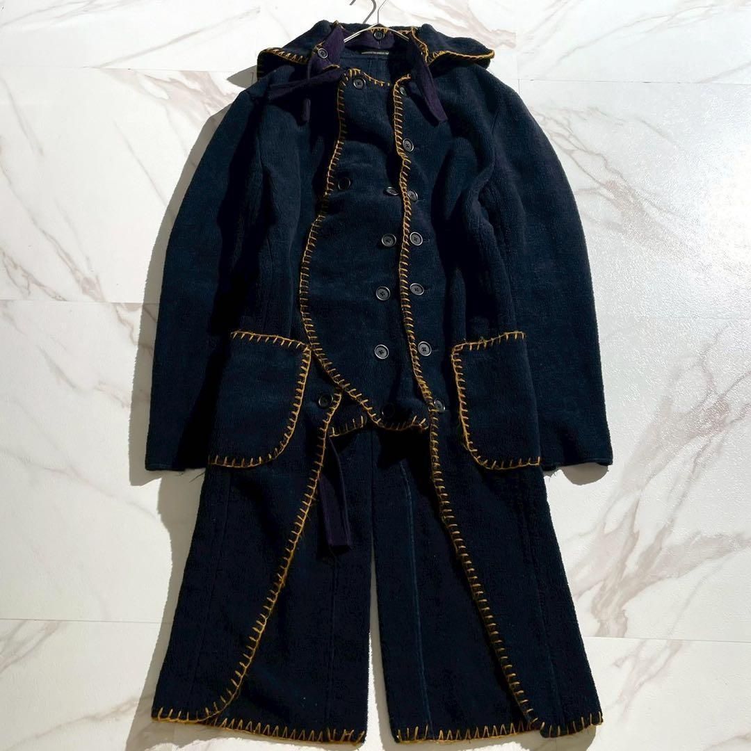 Yohji Yamamoto POUR HOMME ヨウジヤマモトプールオム 2012AW 毛布 イエローステッチ ニット 編み込み ロングジャケット 変形ジャケット 燕尾 コート ネイビー L位 メンズ 名作 アーカイブ archive