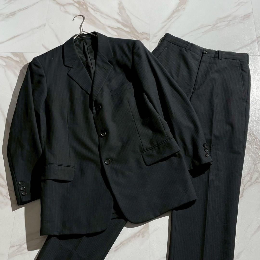 Y s for men ワイズフォーメン Yohji Yamamoto ヨウジヤマモト ウール ポリエステル ブラック 黒 ストライプ シングルセットアップ テーラードジャケット スラックスパンツ テーパードシルエット 2サイズ Mサイズ相当 メンズ