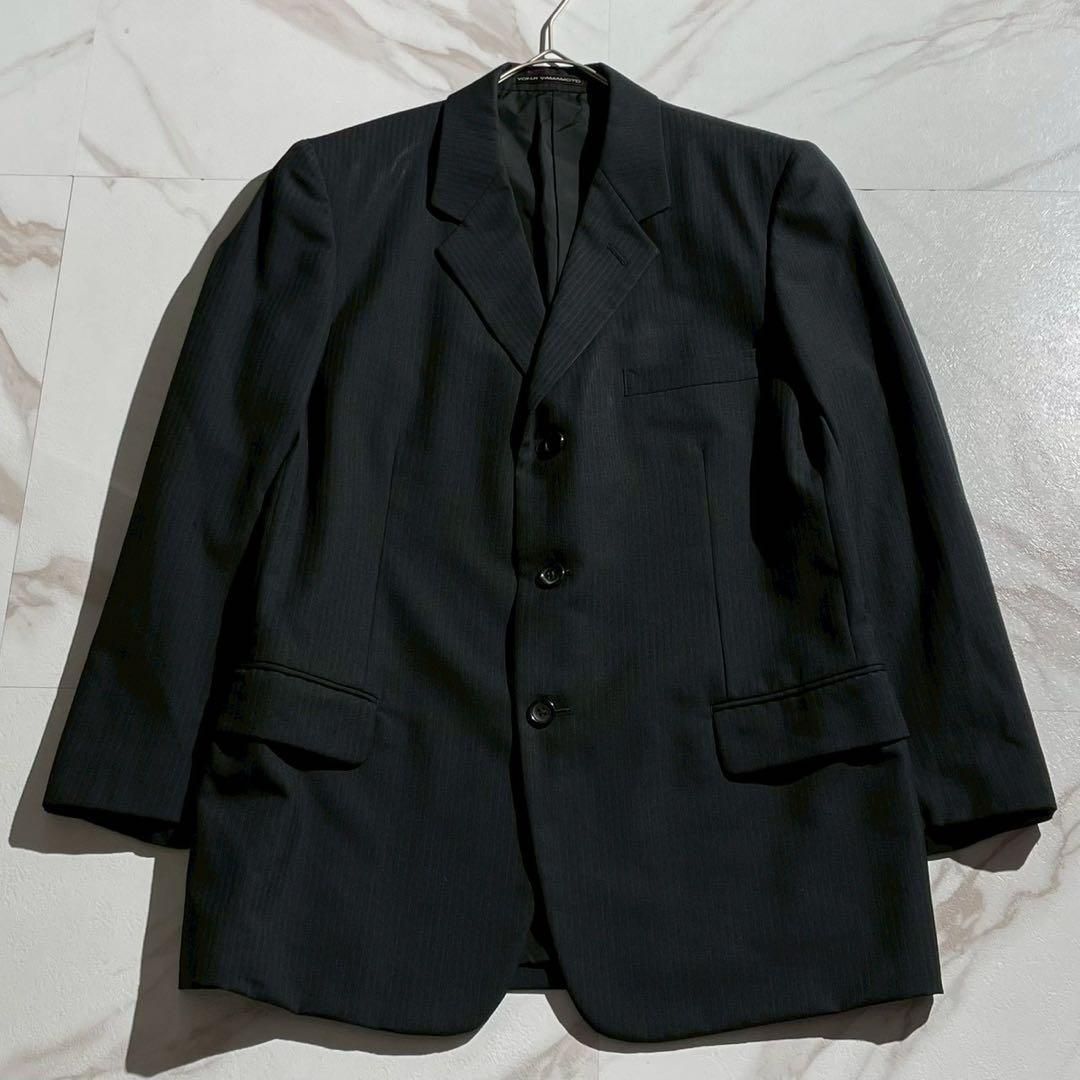Y s for men ワイズフォーメン Yohji Yamamoto ヨウジヤマモト ウール ポリエステル ブラック 黒 ストライプ シングルセットアップ テーラードジャケット スラックスパンツ テーパードシルエット 2サイズ Mサイズ相当 メンズ