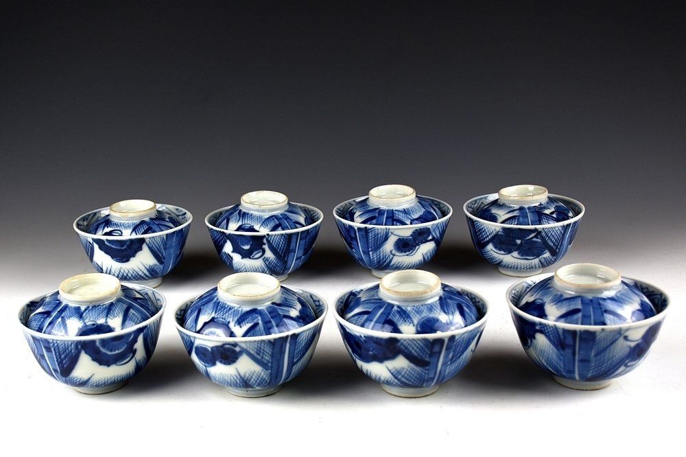 蔵A 1129 古伊万里 染付松葉紋蓋茶碗 八客