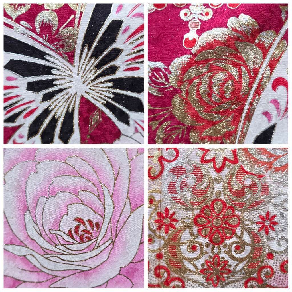 I9◇着物くつろぎ 振袖・襦袢・小物セット 薔薇に蝶々模様 銀通し 金彩