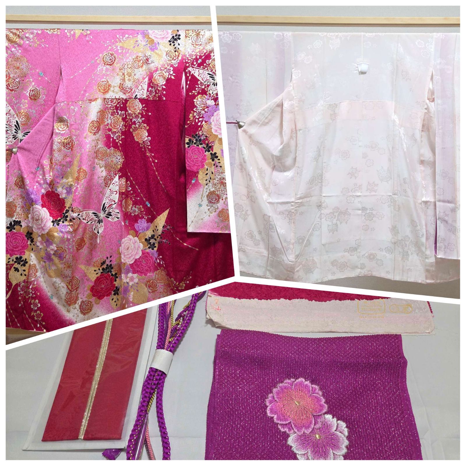 I9◇着物くつろぎ 振袖・襦袢・小物セット 薔薇に蝶々模様 銀通し 金彩