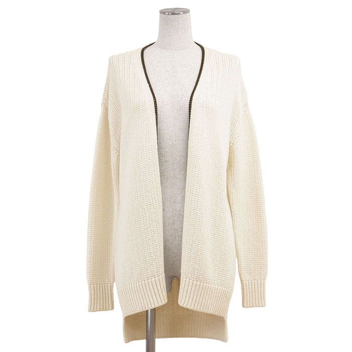 SAINT LAURENT PARIS サン ローラン パリ カーディガン ニット ローゲージ チェーントリム オープンフロント ノー ウール レーヨン ナイロン トップス レディース S アイボリー 生成 イタリア製 605878