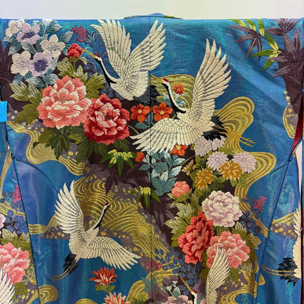 色打掛 正絹 鶴 刺繍 白 青 打掛 花嫁衣裳 婚礼 リサイクル ブライダル ウエディング 着物 4914