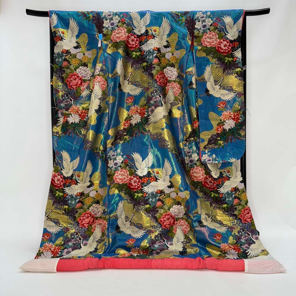 色打掛 正絹 鶴 刺繍 白 青 打掛 花嫁衣裳 婚礼 リサイクル 中古