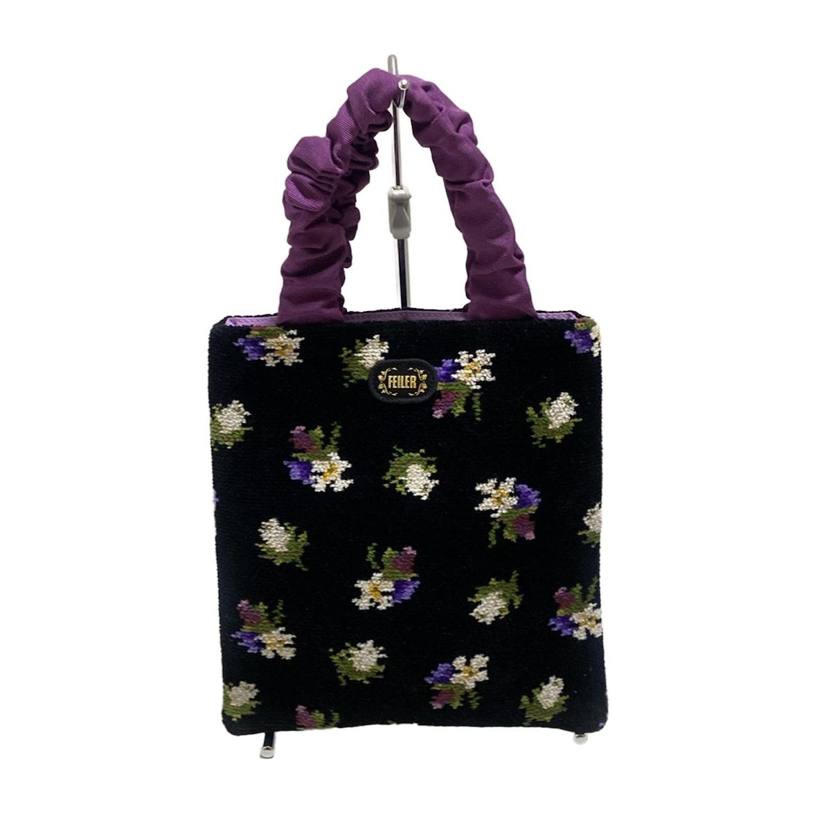 FEILER(フェイラー) トートバッグ美品 - 黒×パープル×マルチ 花柄/ミニ