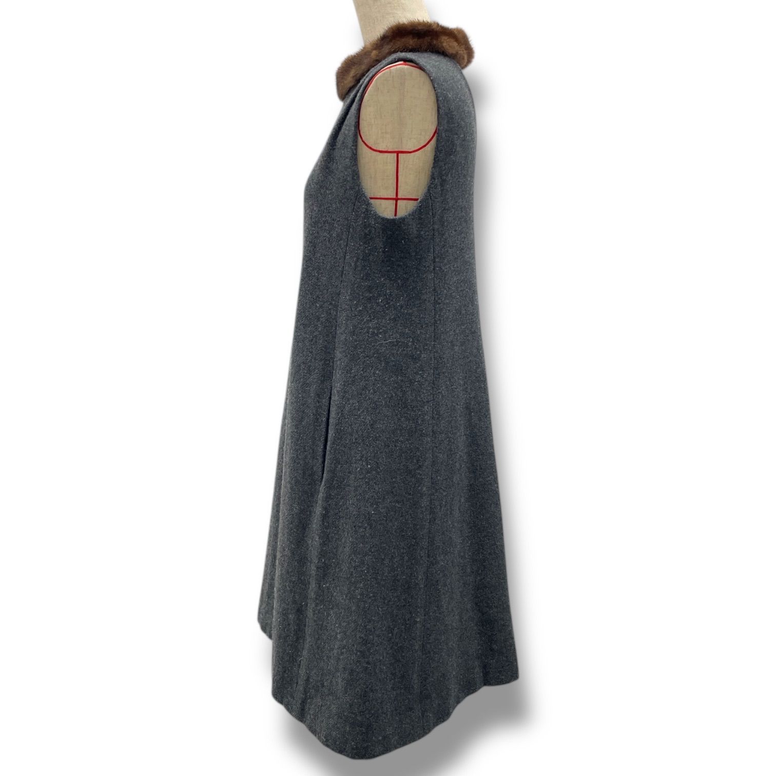 DAISY LIN for FOXEY デイジーリン フォクシー ミンクファー付き ノースリーブワンピース Aライン ウール 32092- 灰色 グレー レディース 冬 ゴーゴー古着マルイファミリー 23 No.210