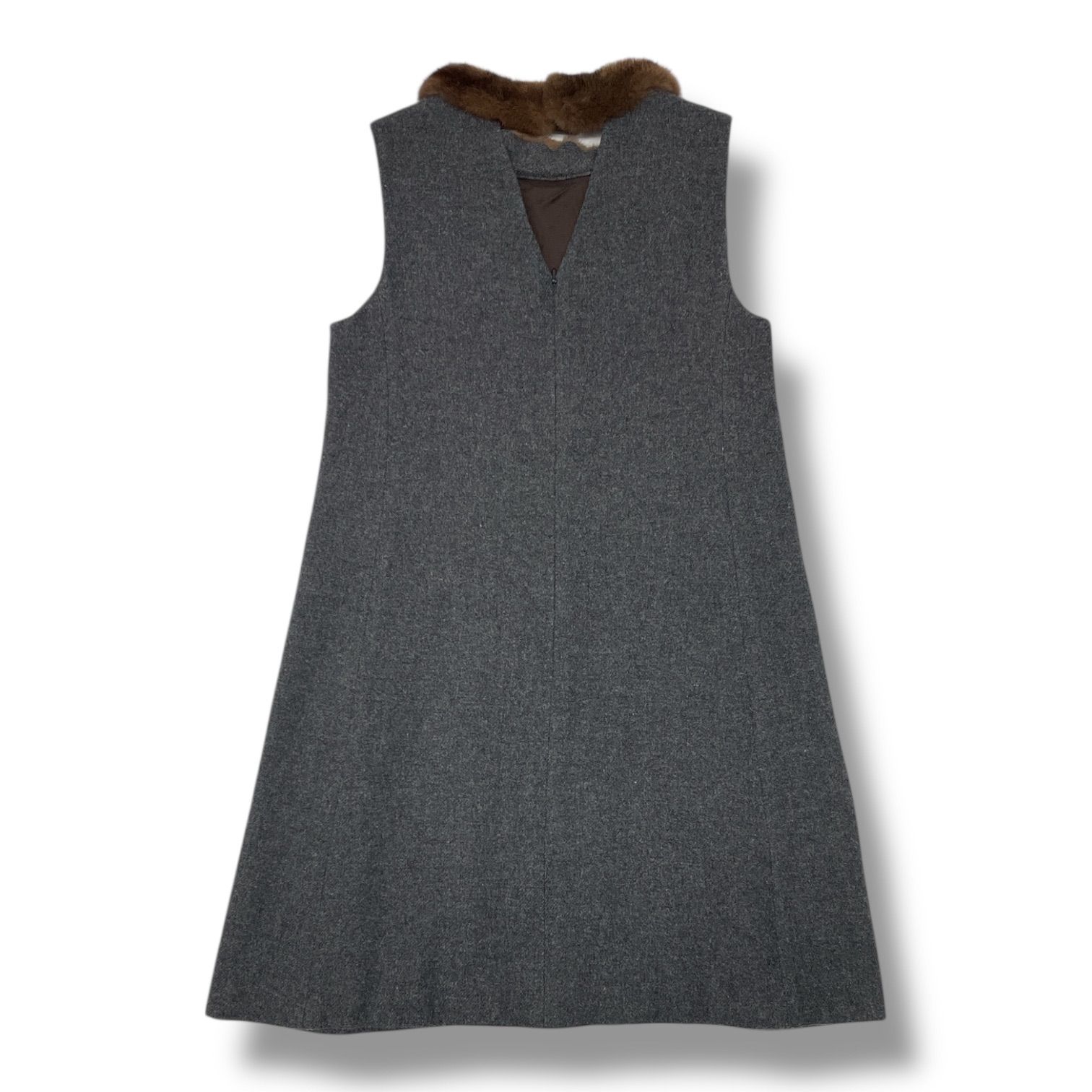  DAISY LIN for FOXEY デイジーリン フォクシー ミンクファー付き ノースリーブワンピース Aライン ウール 32092- 灰色 グレー レディース 冬 ゴーゴー古着マルイファミリー 23 No.210 ノースリーブ ひざ丈ワンピース