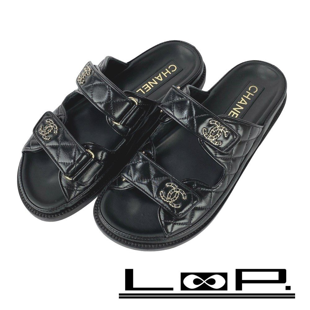 シャネル ベルクロ Cクルーズ サンダル レザー ブラック ゴールド G 455077 37 箱 27288 3