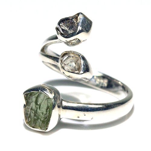 〔R 469-26〕天然モルダバイト 鉄隕石 ハーキマーダイヤモンド sv 925 リング 指輪 サイズフリー meteorite