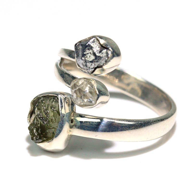 〔R 469-28〕天然モルダバイト 鉄隕石 ハーキマーダイヤモンド sv 925 リング 指輪 サイズフリー meteorite