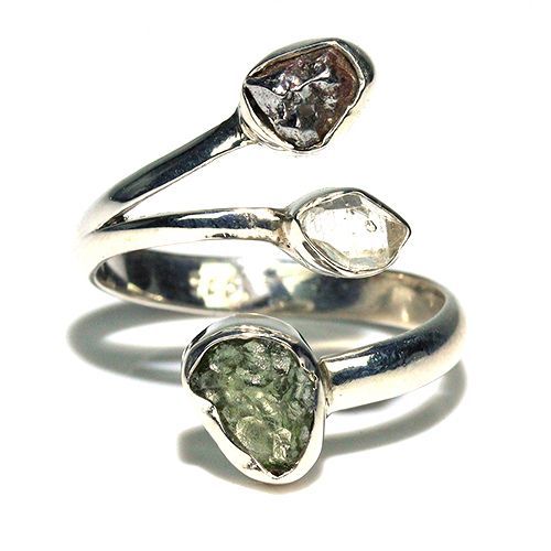 〔R469-27〕天然モルダバイト 鉄隕石 ハーキマーダイヤモンド sv925 リング 指輪 サイズフリー meteorite