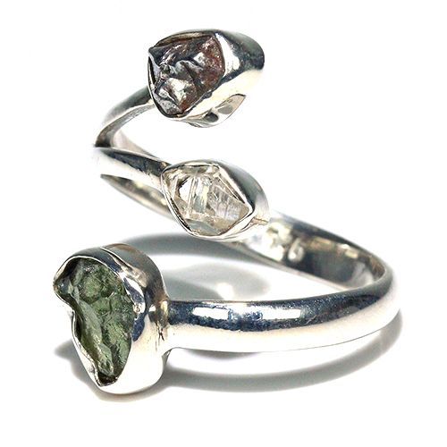 〔R 469-27〕天然モルダバイト 鉄隕石 ハーキマーダイヤモンド sv 925 リング 指輪 サイズフリー meteorite