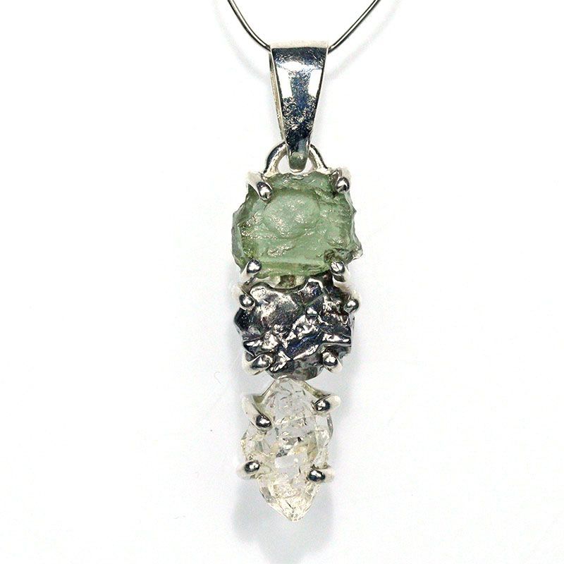 〔J367-1〕天然モルダバイト 鉄隕石 ハーキマーダイヤモンド sv925 ペンダントトップ meteorite