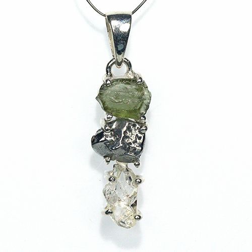 〔J367-6〕天然モルダバイト 鉄隕石 ハーキマーダイヤモンド sv925 ペンダントトップ meteorite