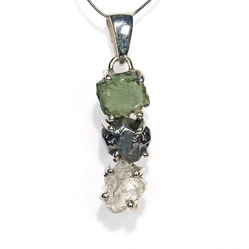 〔J367-21〕天然モルダバイト 鉄隕石 ハーキマーダイヤモンド sv925 ペンダントトップ meteorite