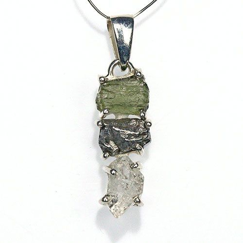 〔J 367-24〕天然モルダバイト 鉄隕石 ハーキマーダイヤモンド sv 925 ペンダントトップ meteorite