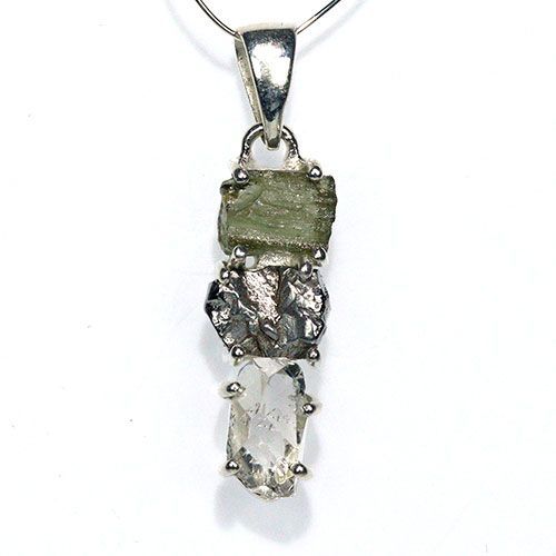 〔J367-25〕天然モルダバイト 鉄隕石 ハーキマーダイヤモンド sv925 ペンダントトップ meteorite