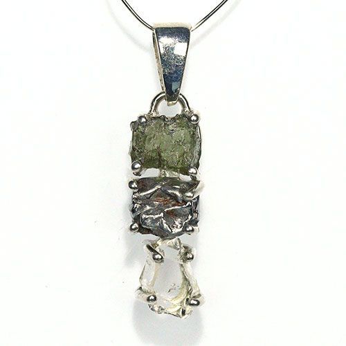 〔J367-22〕天然モルダバイト 鉄隕石 ハーキマーダイヤモンド sv925 ペンダントトップ meteorite