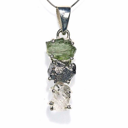 〔J367-14〕天然モルダバイト 鉄隕石 ハーキマーダイヤモンド sv925 ペンダントトップ meteorite