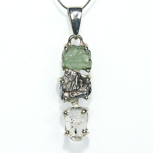 〔J367-3〕天然モルダバイト 鉄隕石 ハーキマーダイヤモンド sv925 ペンダントトップ meteorite