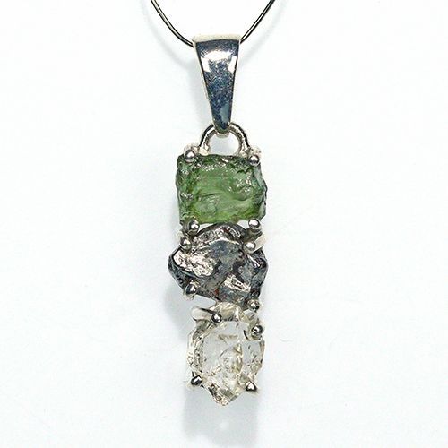 〔J367-2〕天然モルダバイト 鉄隕石 ハーキマーダイヤモンド sv925 ペンダントトップ meteorite