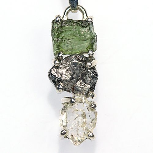 〔J 367-2〕天然モルダバイト 鉄隕石 ハーキマーダイヤモンド sv 925 ペンダントトップ meteorite