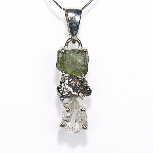 〔J367-10〕天然モルダバイト 鉄隕石 ハーキマーダイヤモンド sv925 ペンダントトップ meteorite