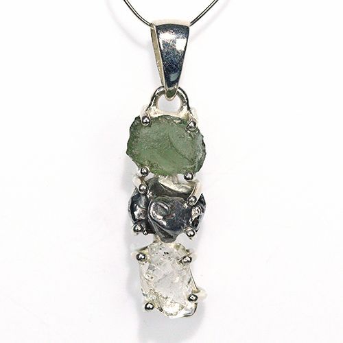 〔J367-12〕天然モルダバイト 鉄隕石 ハーキマーダイヤモンド sv925 ペンダントトップ meteorite