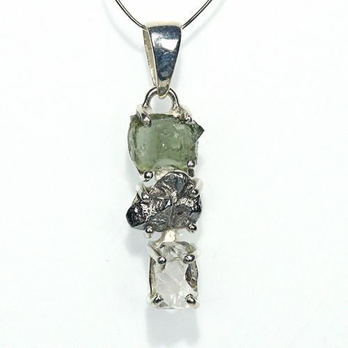 〔J367-8〕天然モルダバイト 鉄隕石 ハーキマーダイヤモンド sv925 ペンダントトップ meteorite