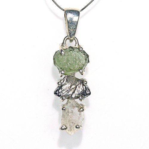 〔J367-17〕天然モルダバイト 鉄隕石 ハーキマーダイヤモンド sv925 ペンダントトップ meteorite
