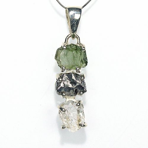 〔J367-11〕天然モルダバイト 鉄隕石 ハーキマーダイヤモンド sv925 ペンダントトップ meteorite