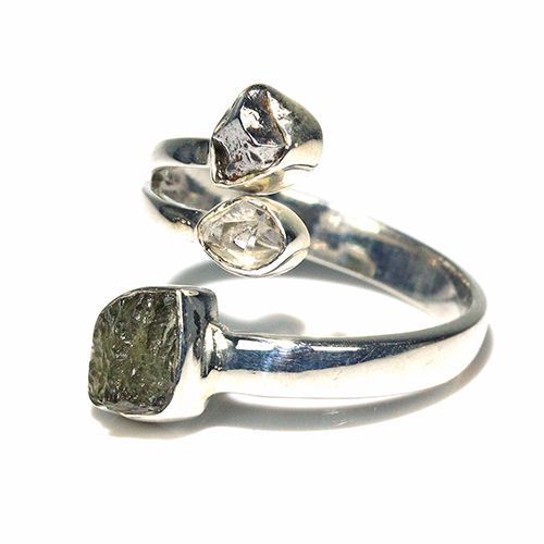 〔R 469-1〕天然モルダバイト 鉄隕石 ハーキマーダイヤモンド sv 925 リング 指輪 サイズフリー meteorite