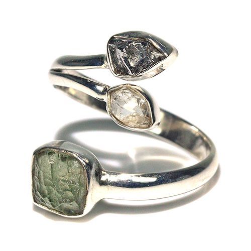 〔R 469 14〕天然モルダバイト 鉄隕石 ハーキマーダイヤモンド sv 925 リング 指輪 サイズフリー meteorite 高見え ブレスレット 