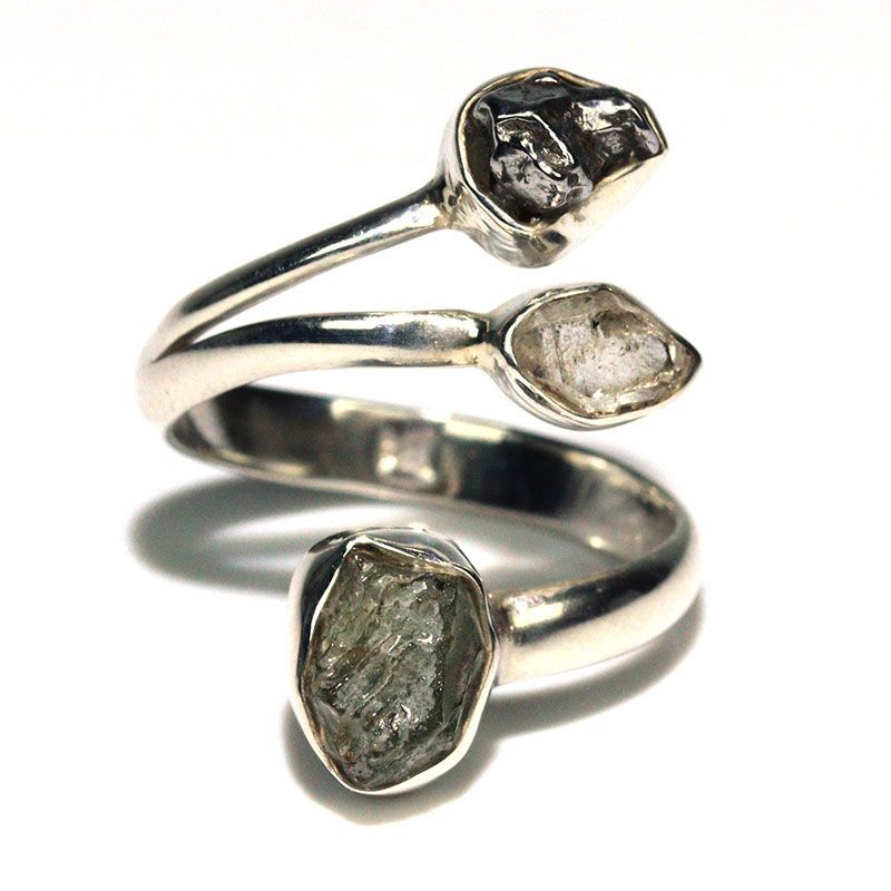 〔R469-17〕天然モルダバイト 鉄隕石 ハーキマーダイヤモンド sv925 リング 指輪 サイズフリー meteorite