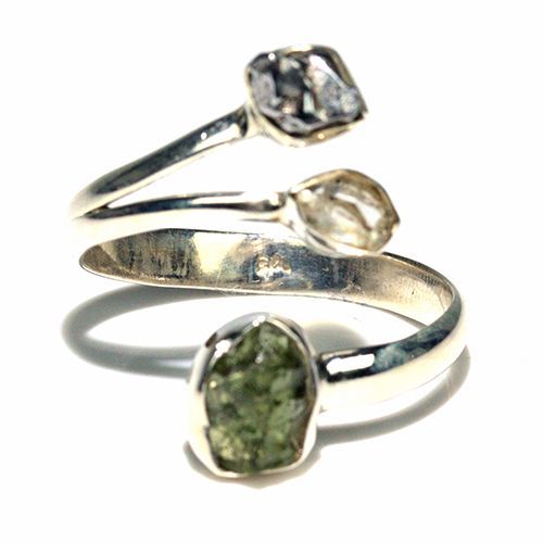 〔R 469 9〕天然モルダバイト 鉄隕石 ハーキマーダイヤモンド sv 925 リング 指輪 サイズフリー meteorite