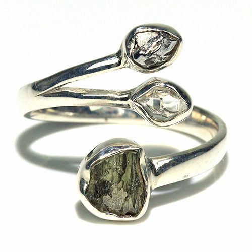 〔R469-6〕天然モルダバイト 鉄隕石 ハーキマーダイヤモンド sv925 リング 指輪 サイズフリー meteorite