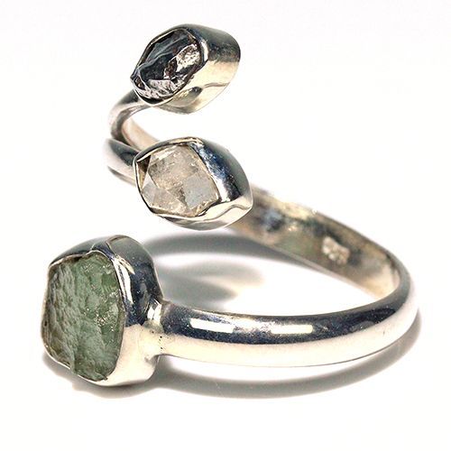 〔R 469-25〕天然モルダバイト 鉄隕石 ハーキマーダイヤモンド sv 925 リング 指輪 サイズフリー meteorite