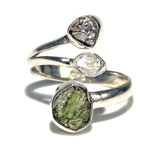 〔R469-8〕天然モルダバイト 鉄隕石 ハーキマーダイヤモンド sv925 リング 指輪 サイズフリー meteorite