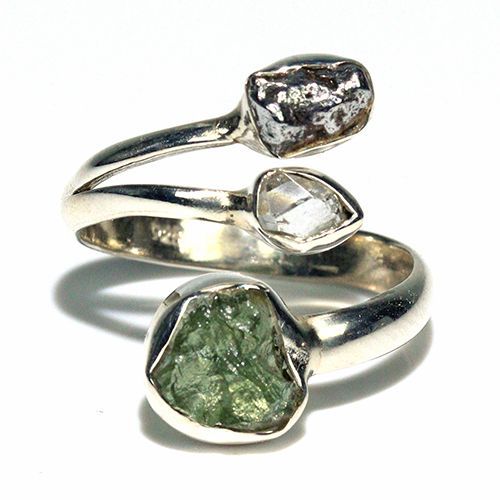 〔R469-12〕天然モルダバイト 鉄隕石 ハーキマーダイヤモンド sv925 リング 指輪 サイズフリー meteorite