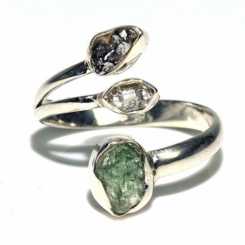 〔R469-13〕天然モルダバイト 鉄隕石 ハーキマーダイヤモンド sv925 リング 指輪 サイズフリー meteorite